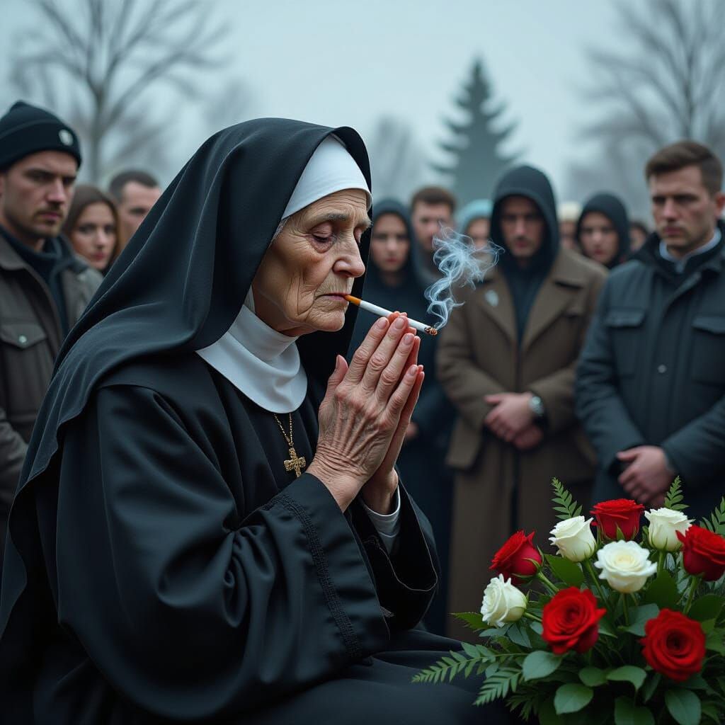 Nun Praying at Funeral in Dark Surrealist Style