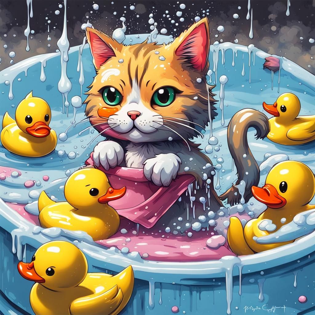 Cute Manga Cat's Bath Time: Graffiti Art Style