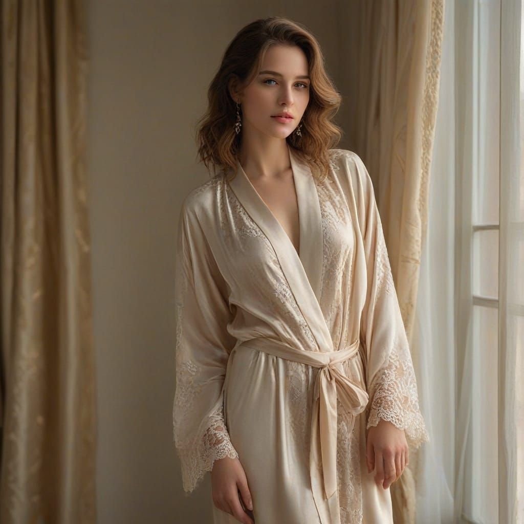 Elegant Young Woman in Luxurious Silk Robe