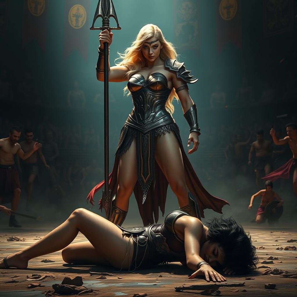 Amazonian Warrior Dominates a Fallen Foe in a Gritty, Fantas...