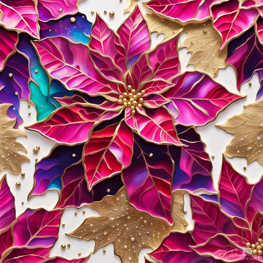 Iridescent Magenta Poinsettias with Gold and Diamond Accents