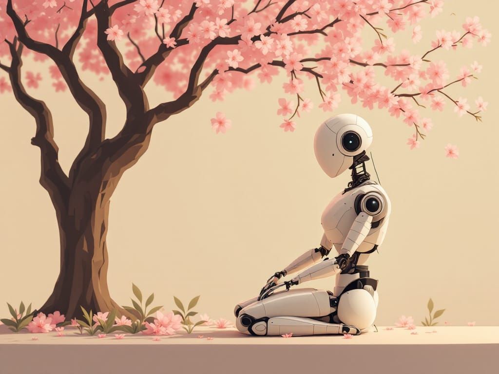 Minimalist Robot Under Sakura Tree in Warm Tones