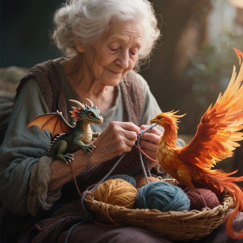 Old Woman Knits With Dragon and Phoenix, Cinematic Lighting