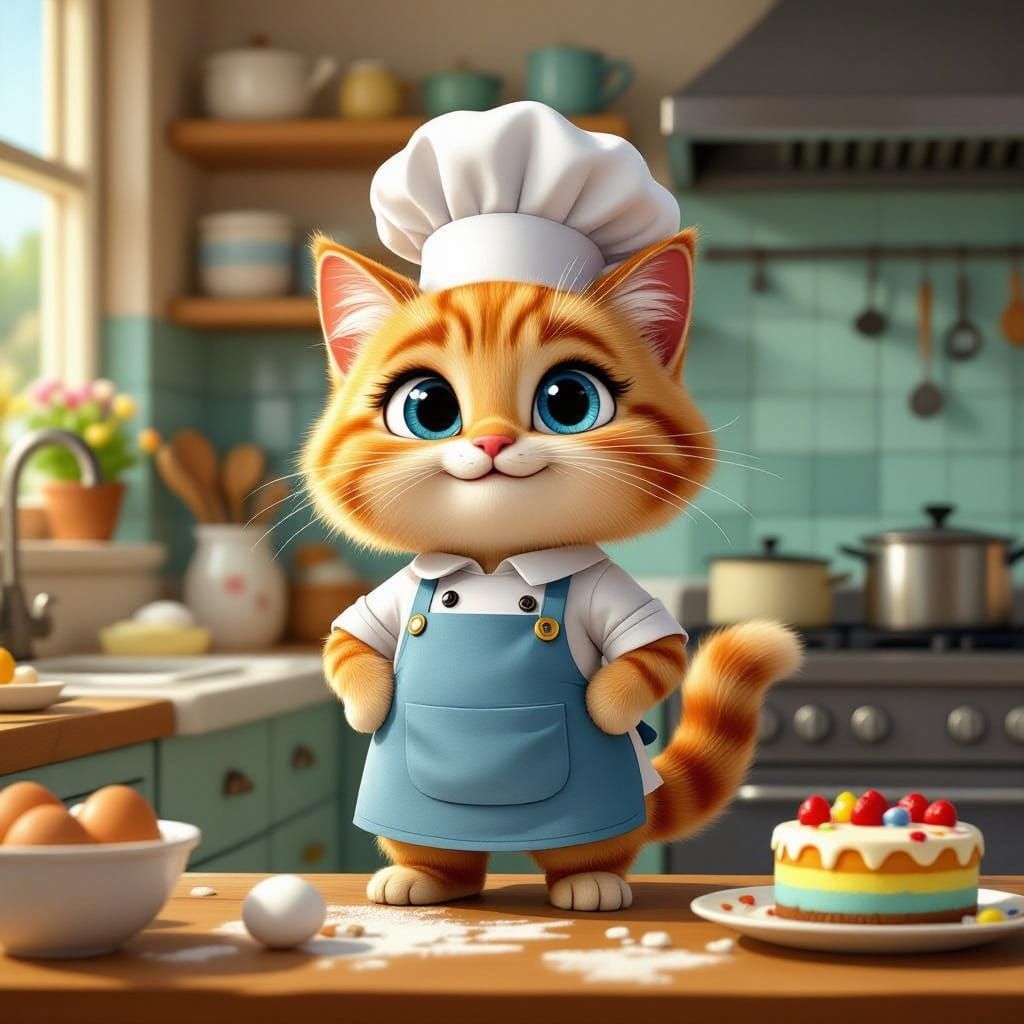 Cartoon Cat Chef in Cozy Kitchen, Pixar Style