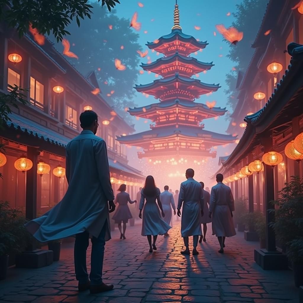 Lonely Figure Amidst Dancing Crowd: Surreal Digital Art