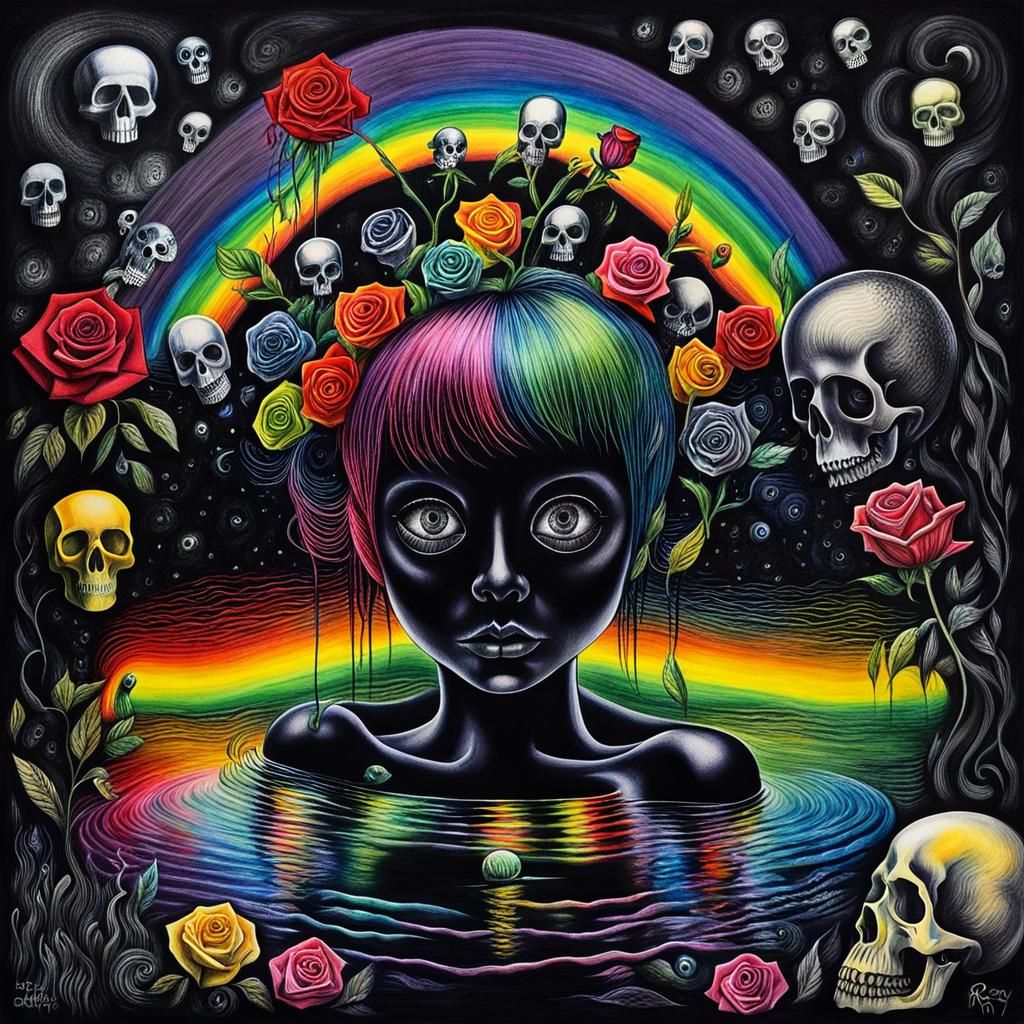 Surreal Crayon Drawing of Goth Woman in Pain