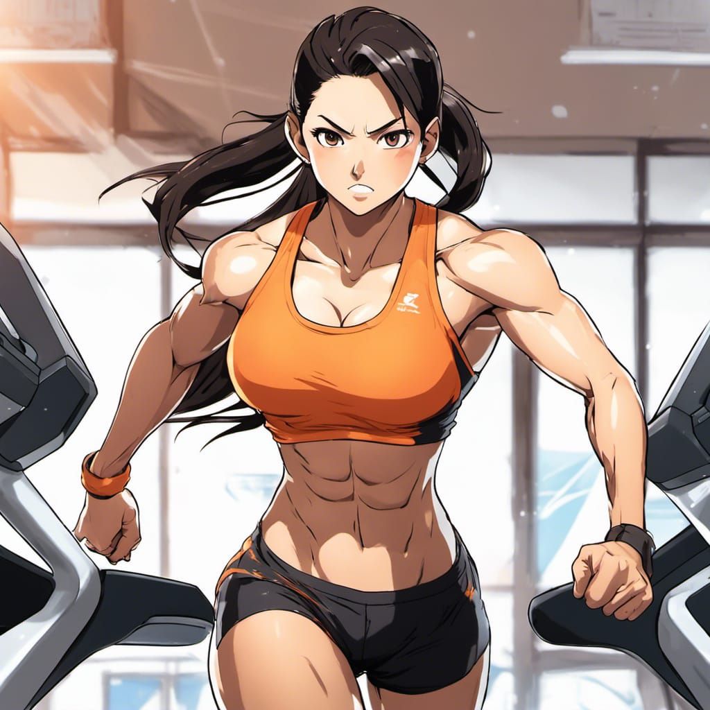 Muscular Anime Bodybuilder Running on Treadmill