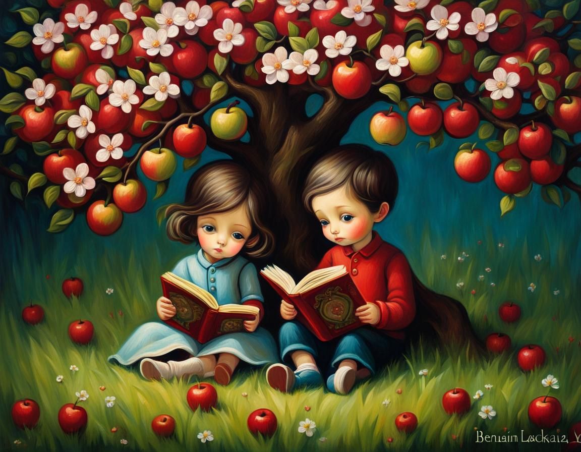 Siblings Reading Under Apple Tree, Impasto Storybook Style