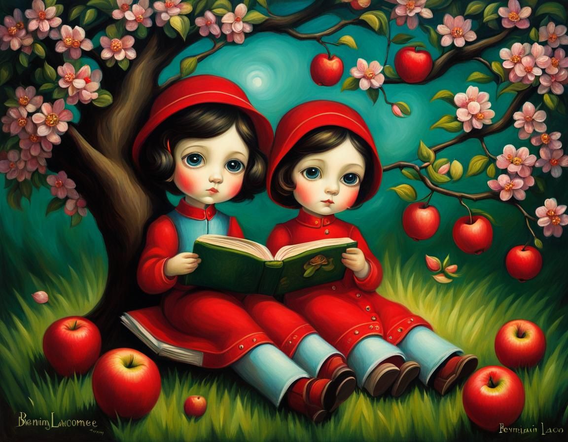 Siblings Reading Under Apple Tree in Impasto Style