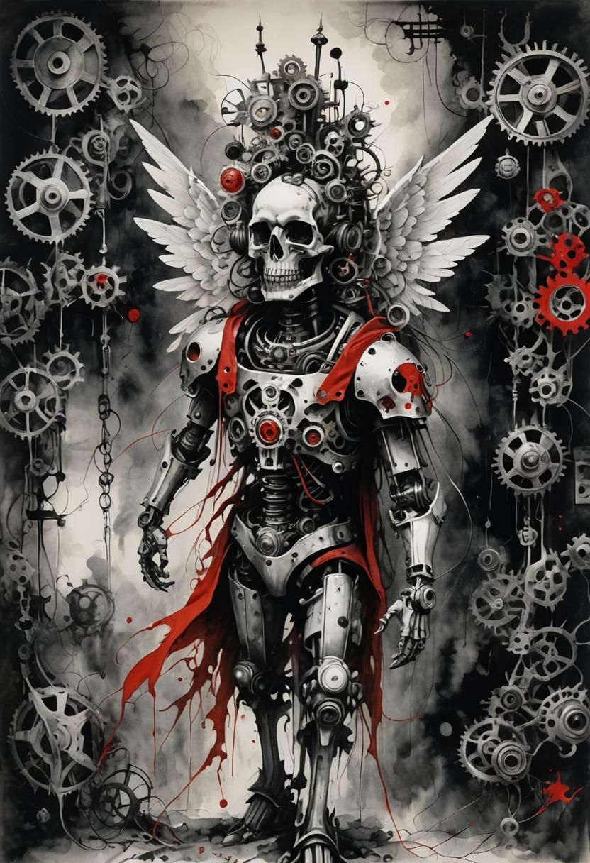 Mechanical Angel in Black and White, Dark Fantasy Art