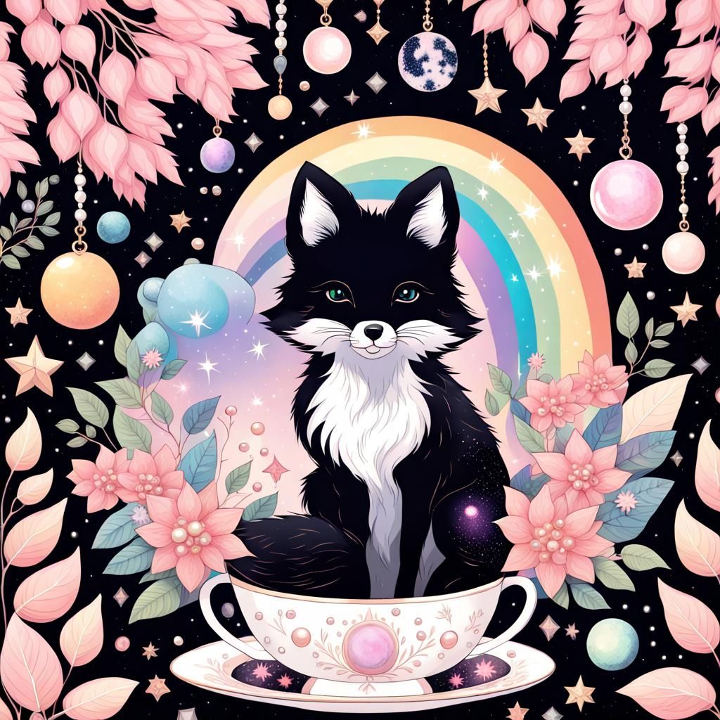 Celestial Black Fox with Stars and Galaxy