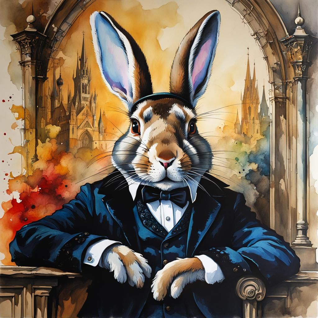 Gothic Anthropomorphic Rabbit in Alcohol Ink Style