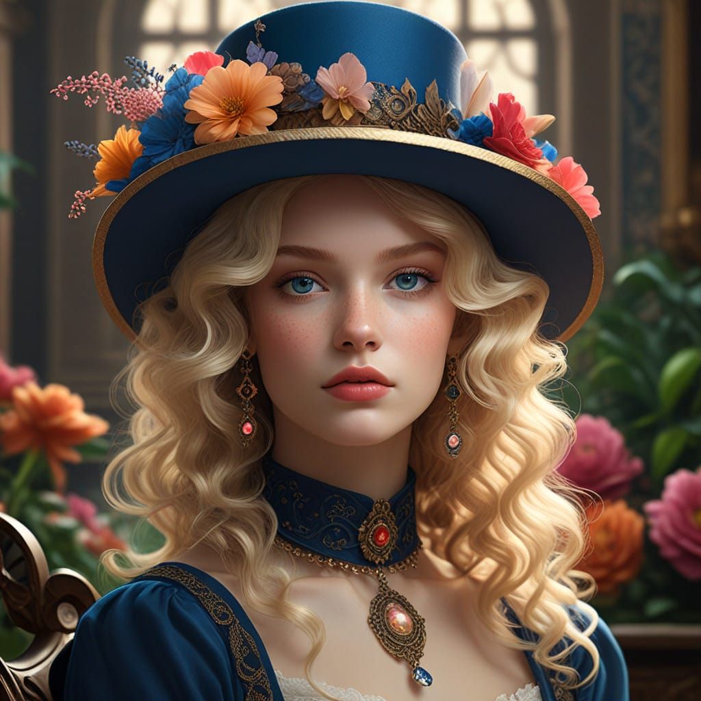 Elegant Blonde Woman in Victorian-Inspired Fantasy Setting