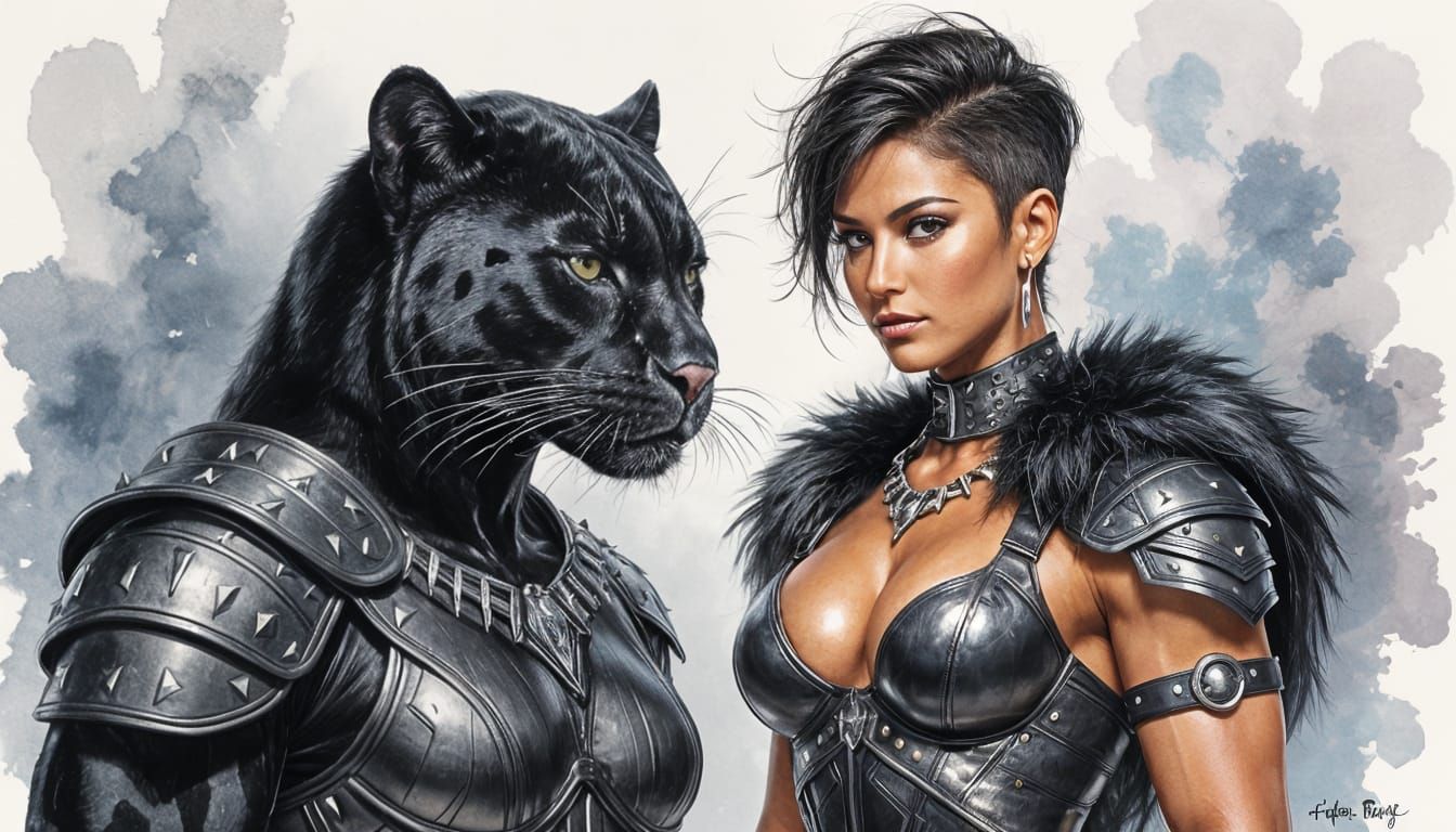 Panther and Amazonian Woman Portrait in Watercolor Style