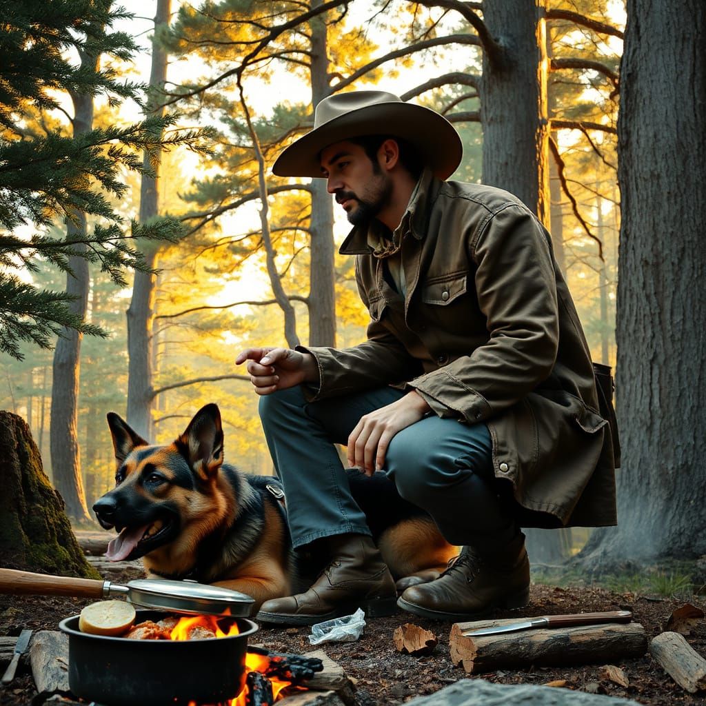 Rugged Cowboy and Loyal German Shepherd Cook Together in the...