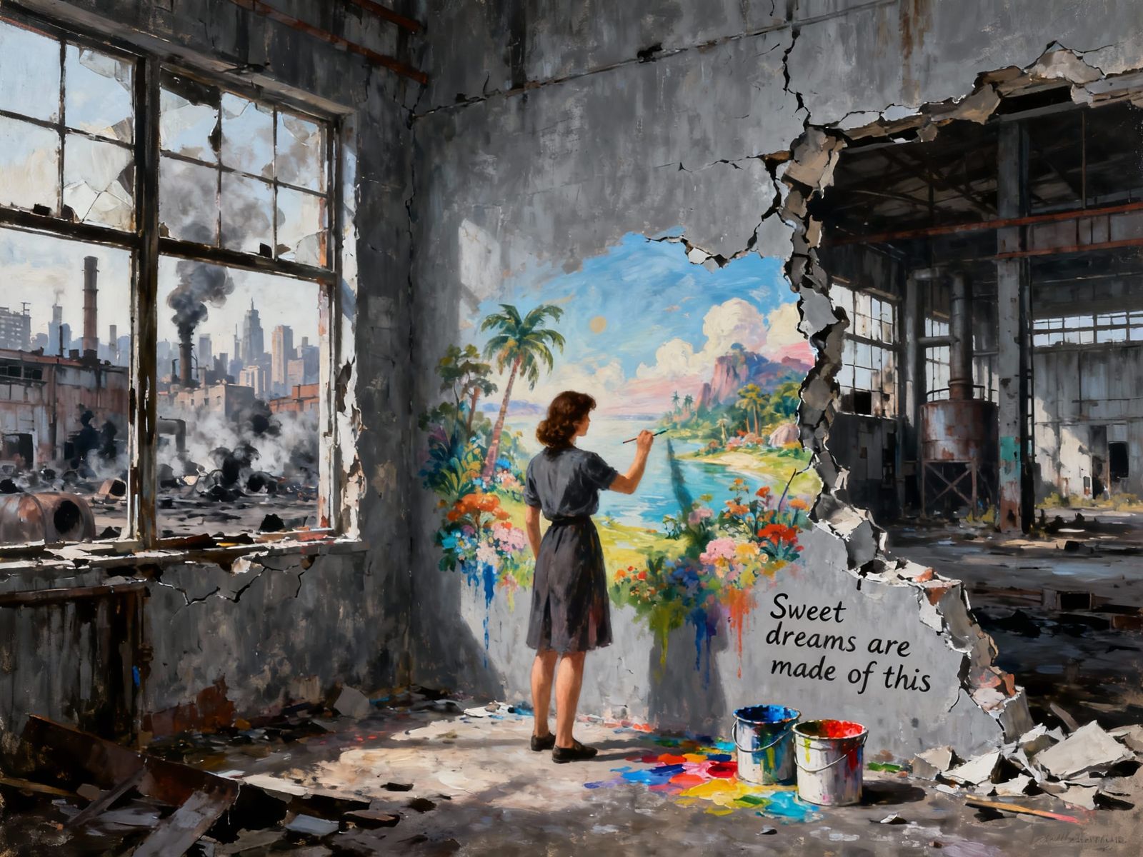 Woman Paints Fantasy Paradise in Polluted Factory