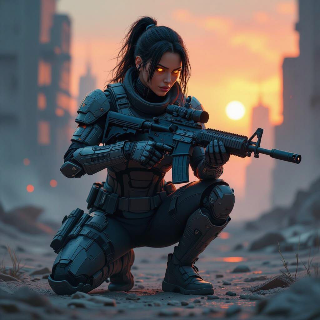 Cyborg Warrior in Dystopian Landscape, Concept Art