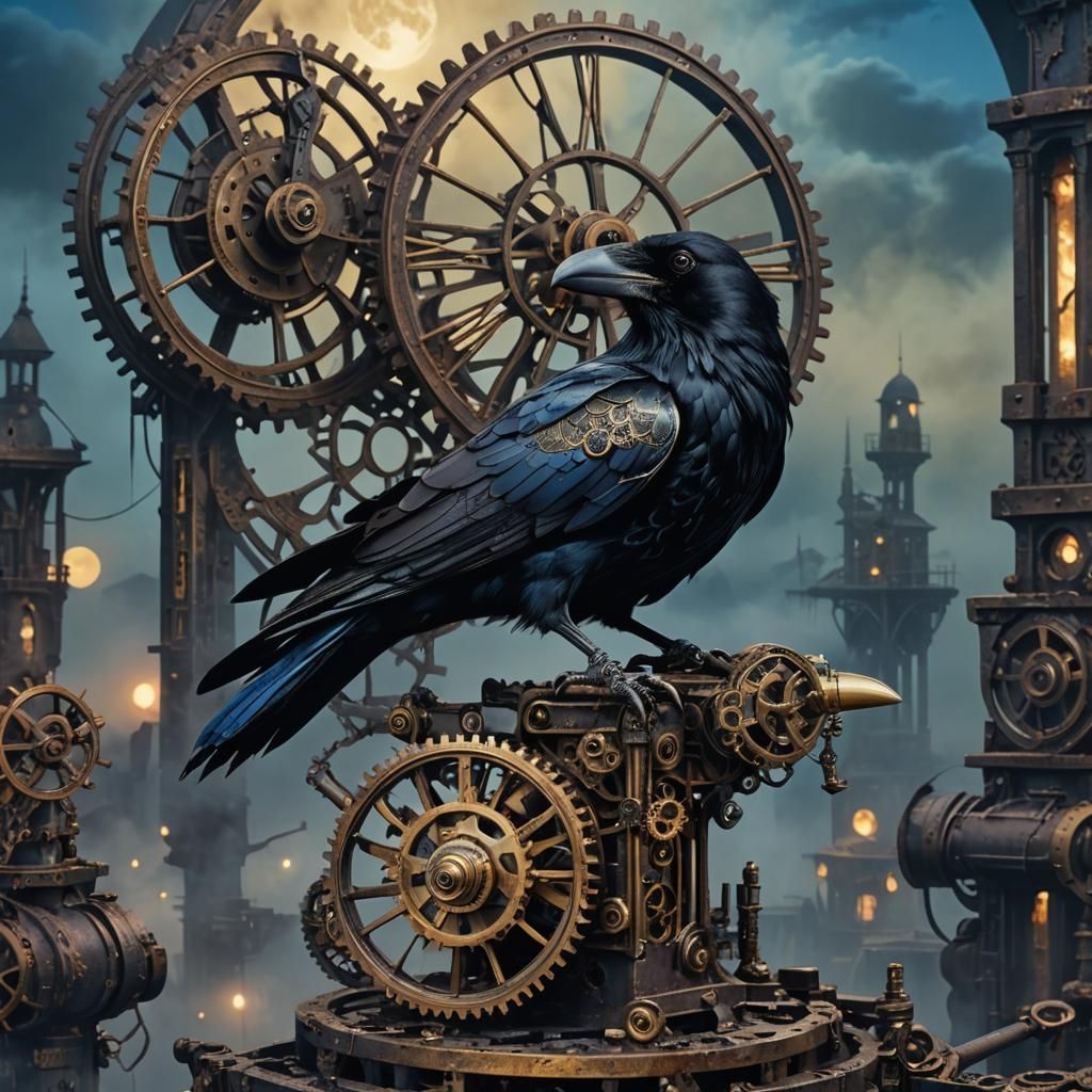 Steampunk Raven Perched on Clockwork Armature