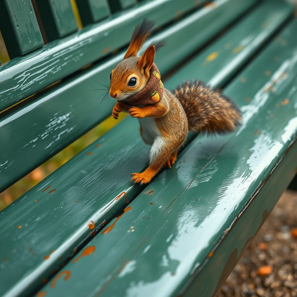 Squirrel's Mischief: Paw Prints on Wet Bench