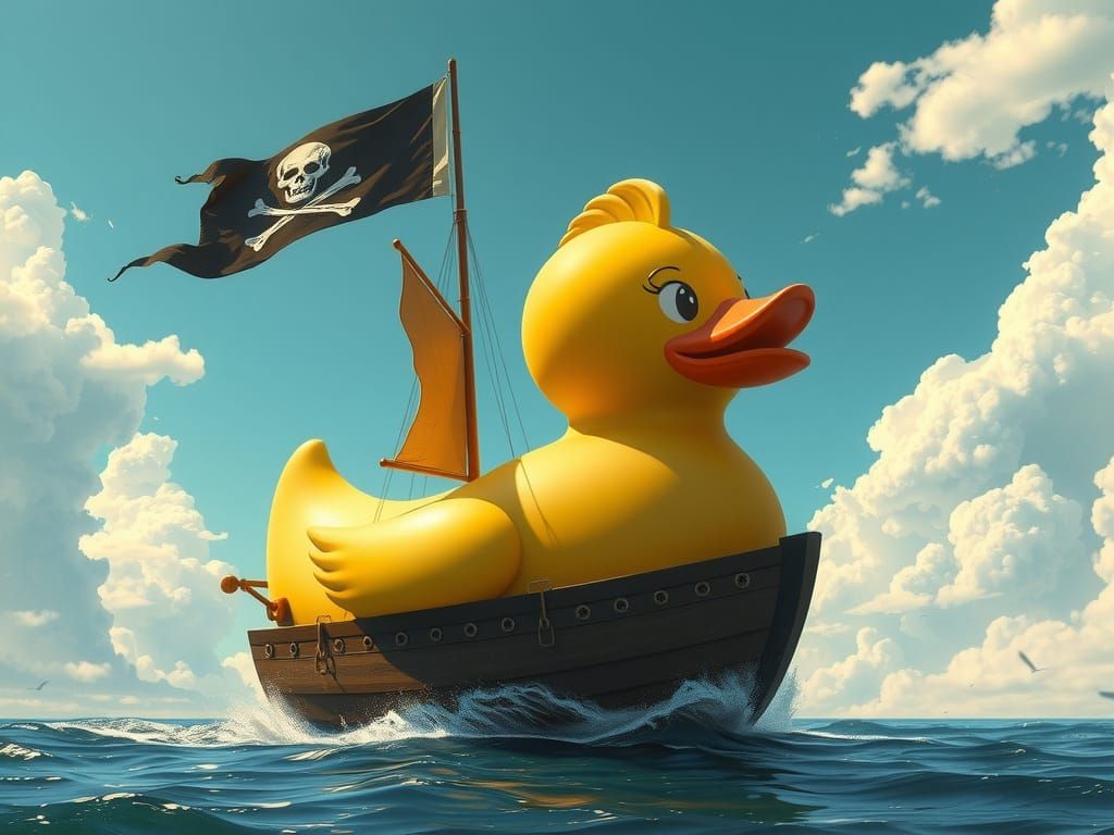 Whimsical Rubber Duck Pirate Ship Soars with Jolly Roger Fla...