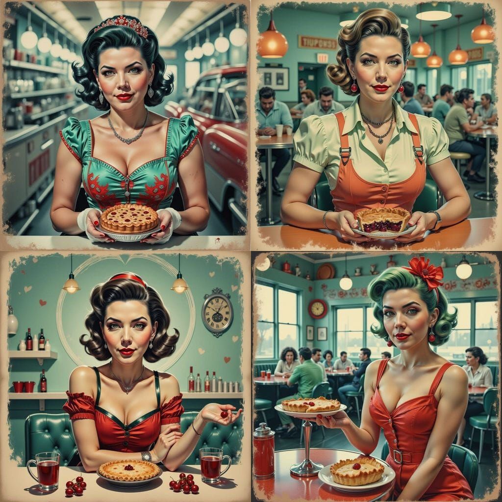 Sassy 1950s Diner Waitress Serves Up Cherry Pie in Retro Sty...