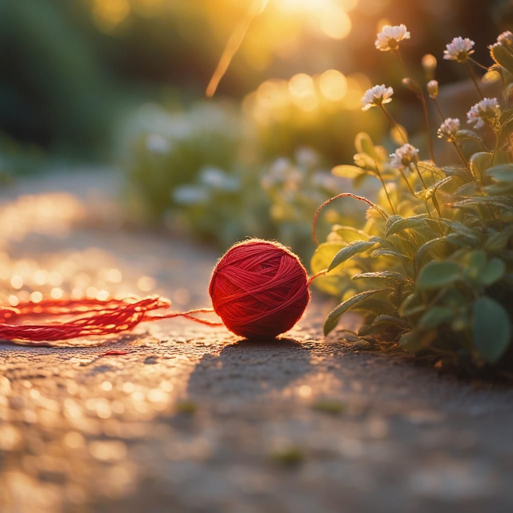 Red String Ball Rolls Down Garden Path: Impressionism