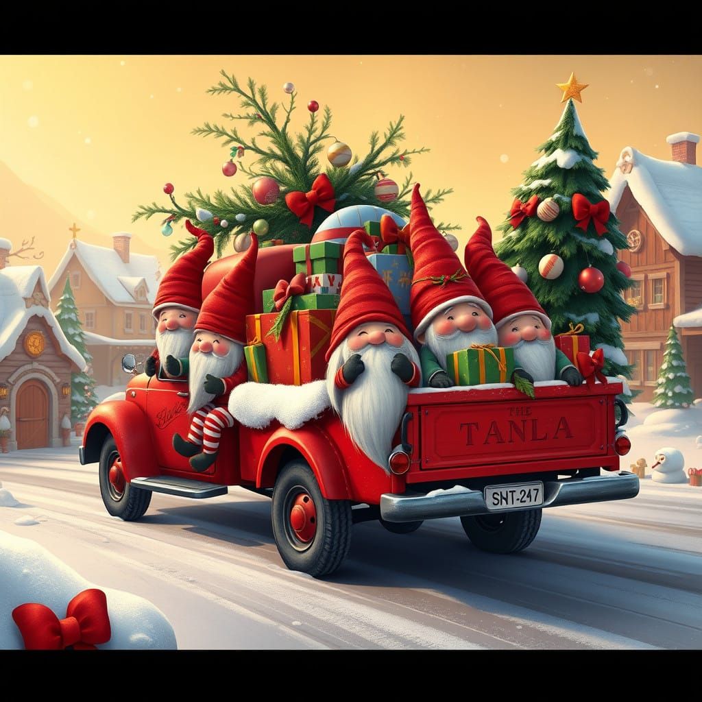 Whimsical Gnomes Drive a Festive Red Truck Through a Snowy V...