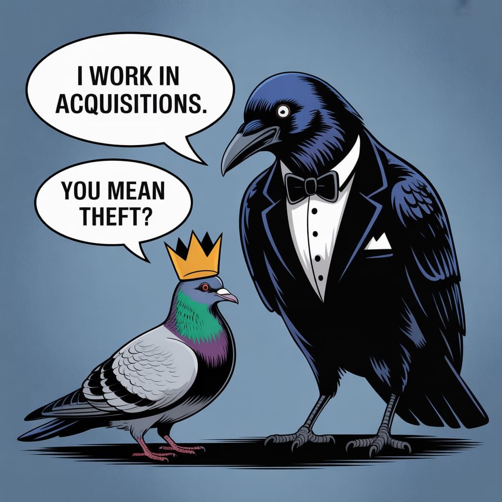 Raven in Tuxedo Over Pigeon with Crown - T-Shirt Design