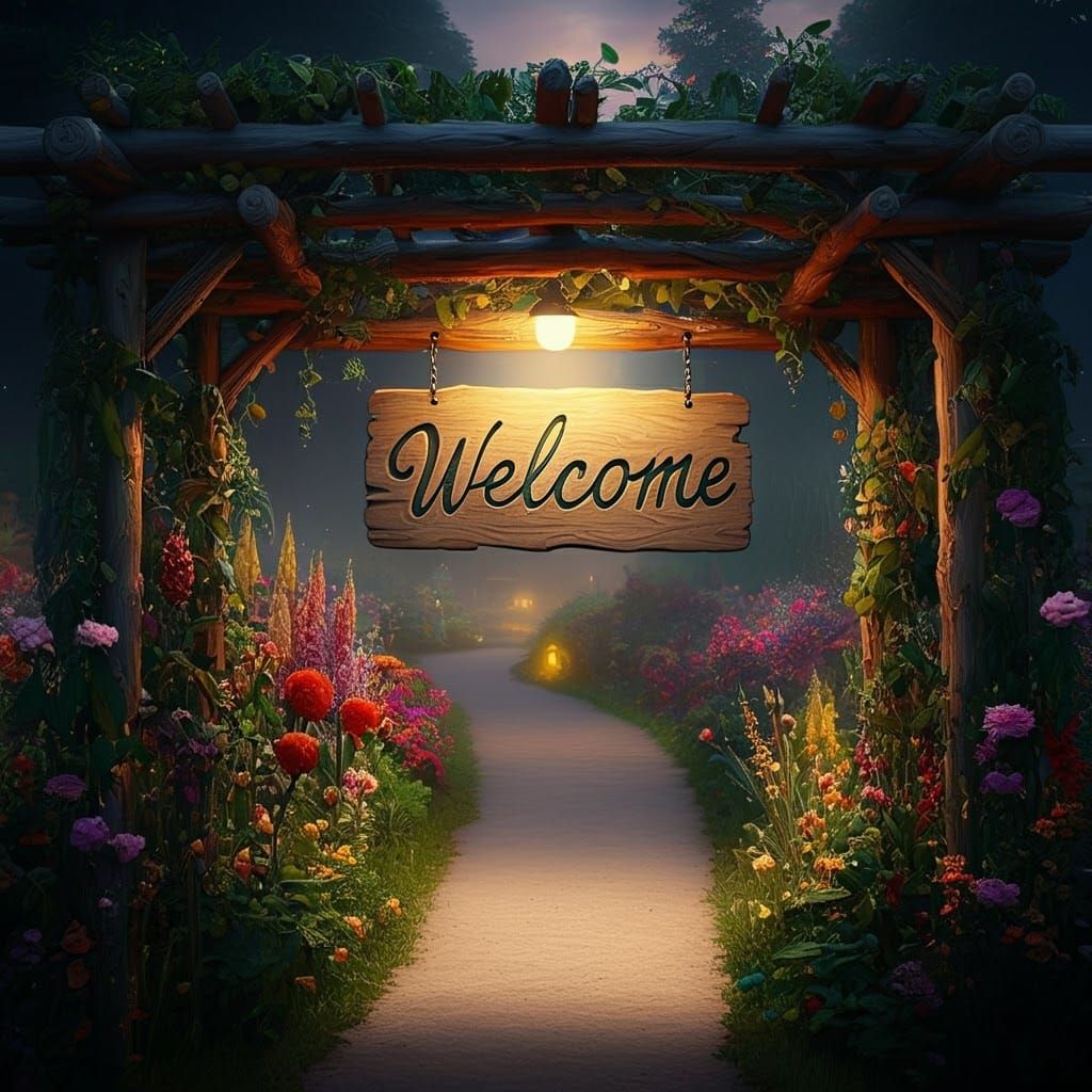 Inviting Flower Garden Path with Welcome Sign