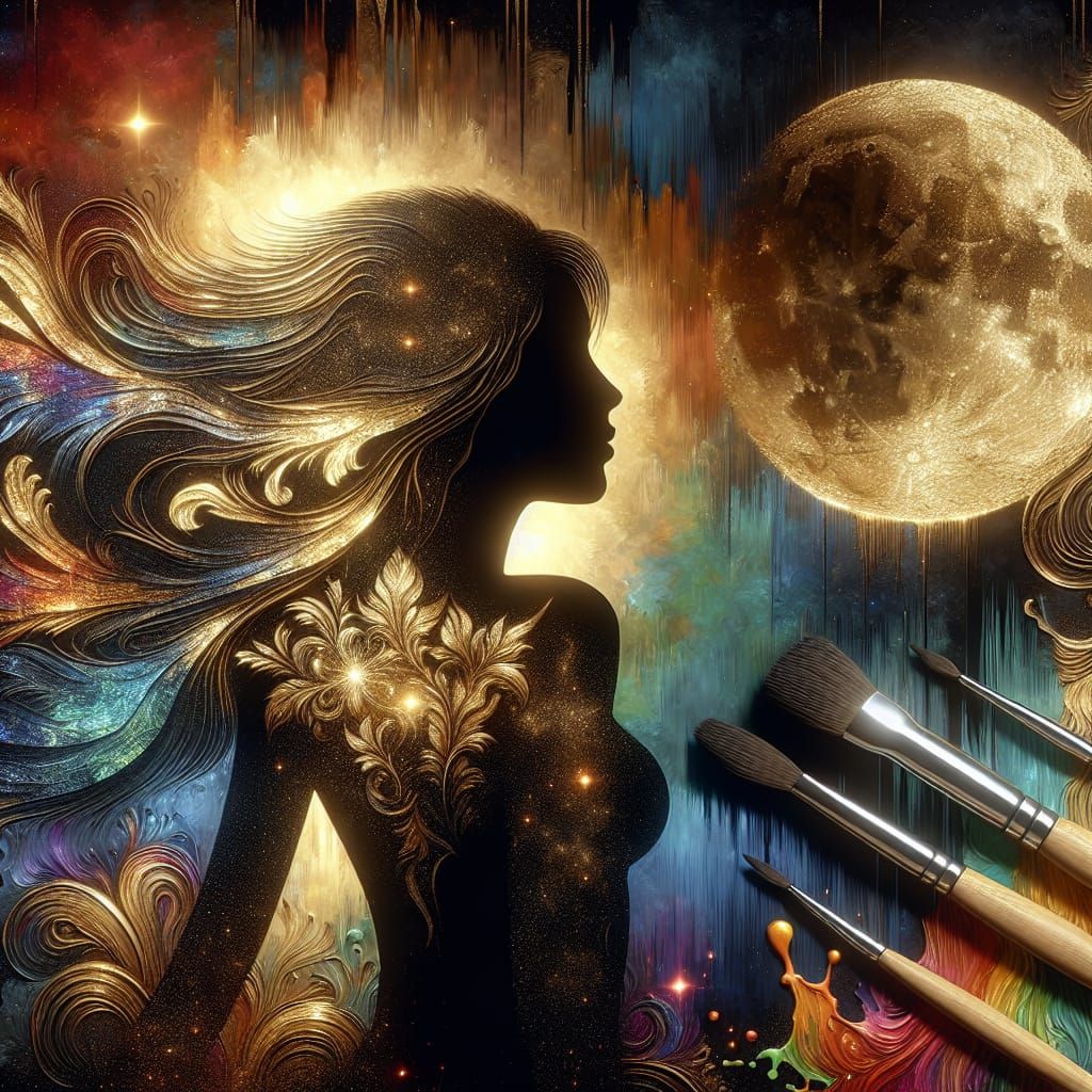 Iridescent Foil Woman Silhouette with Splash Art