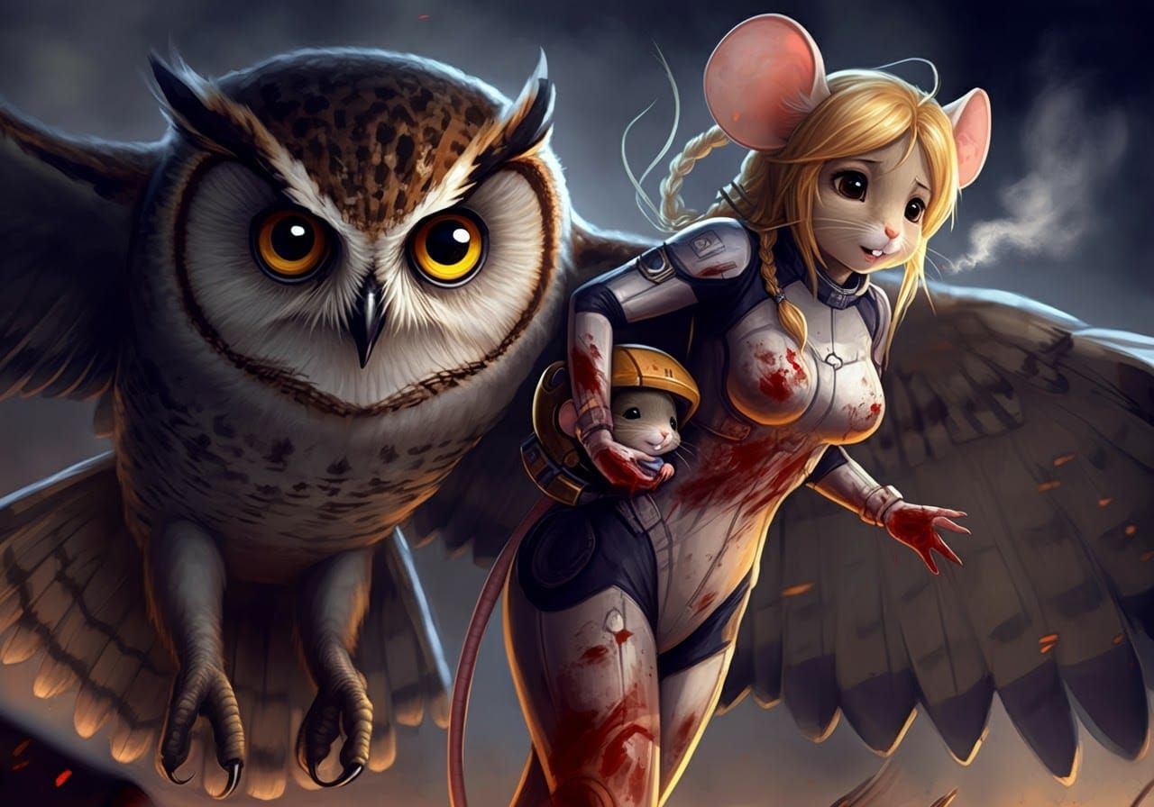 Owl and Mouse in Anime-Inspired Battlefield Scene