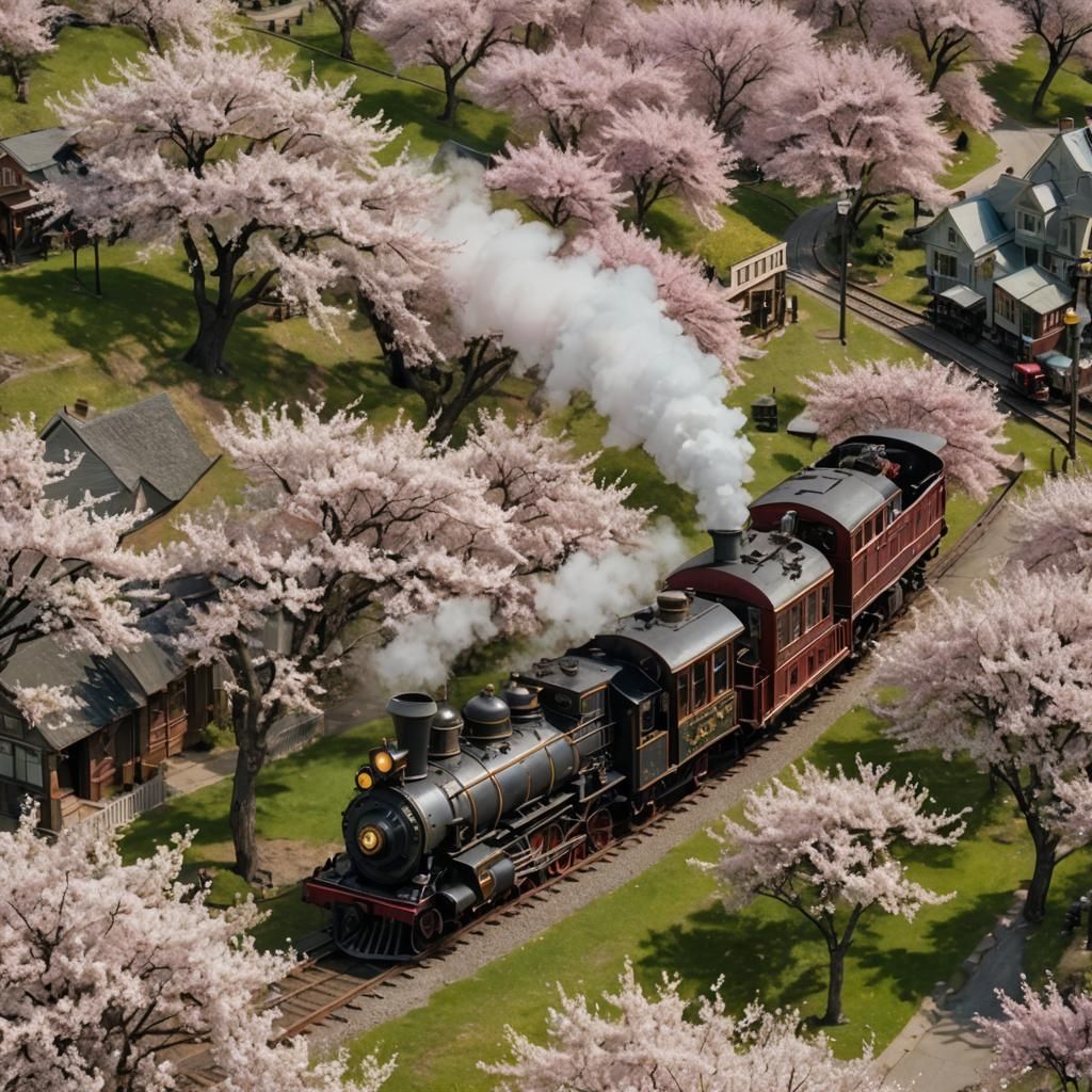 Steampunk Train Travels Through Cherry Blossoms