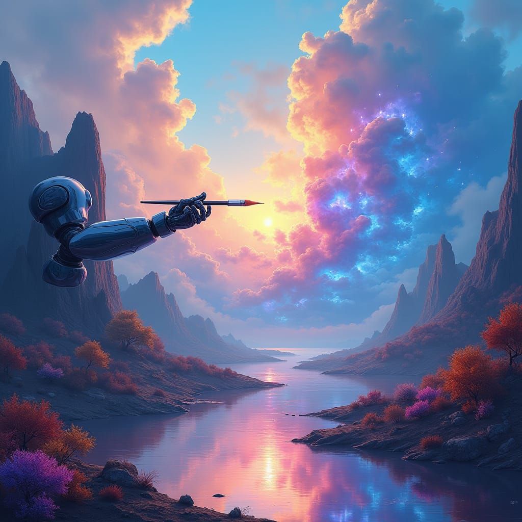 AI and Human Art Collaboration in Dreamlike Landscape