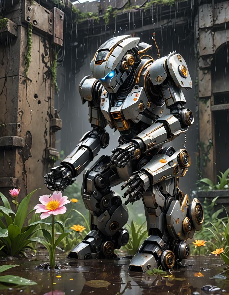 Robot in Ruins Holds Flower: Anime Illustration