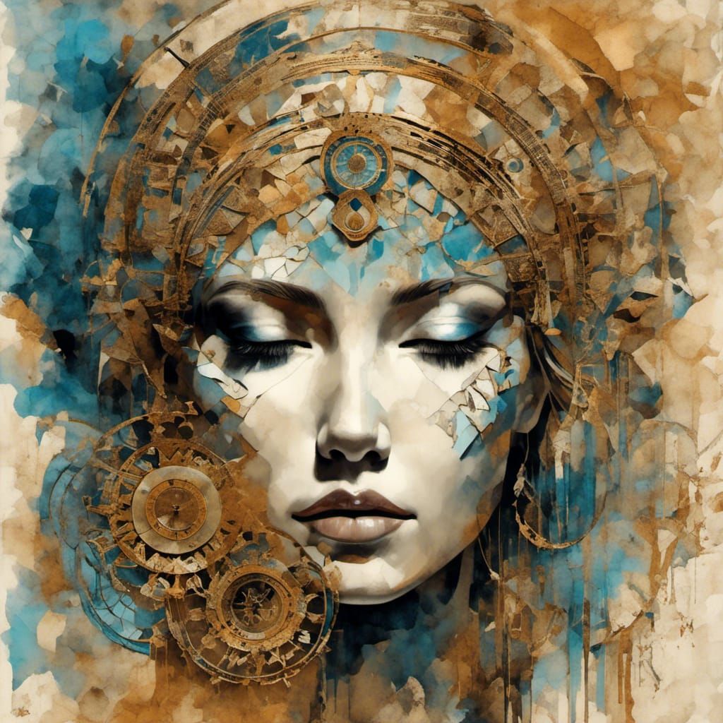 Mixed Media Collage Poster on Gold-Stained Parchment