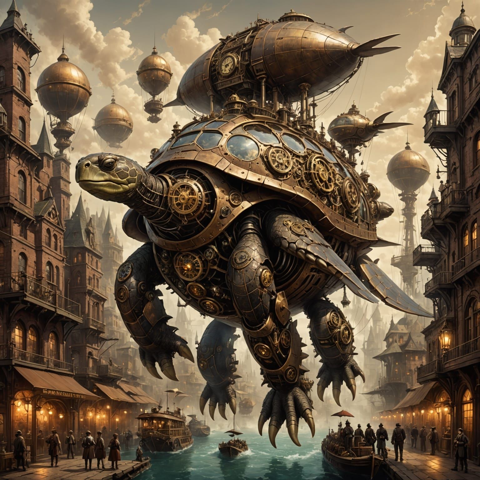 Steampunk City on Ancient Turtle's Back with Airships