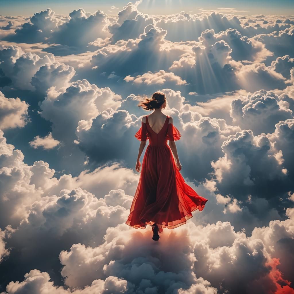 Woman in Red Gown Walking on Clouds