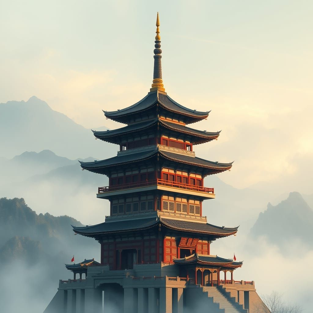 Chinese Pagoda in Serene Mountain Landscape