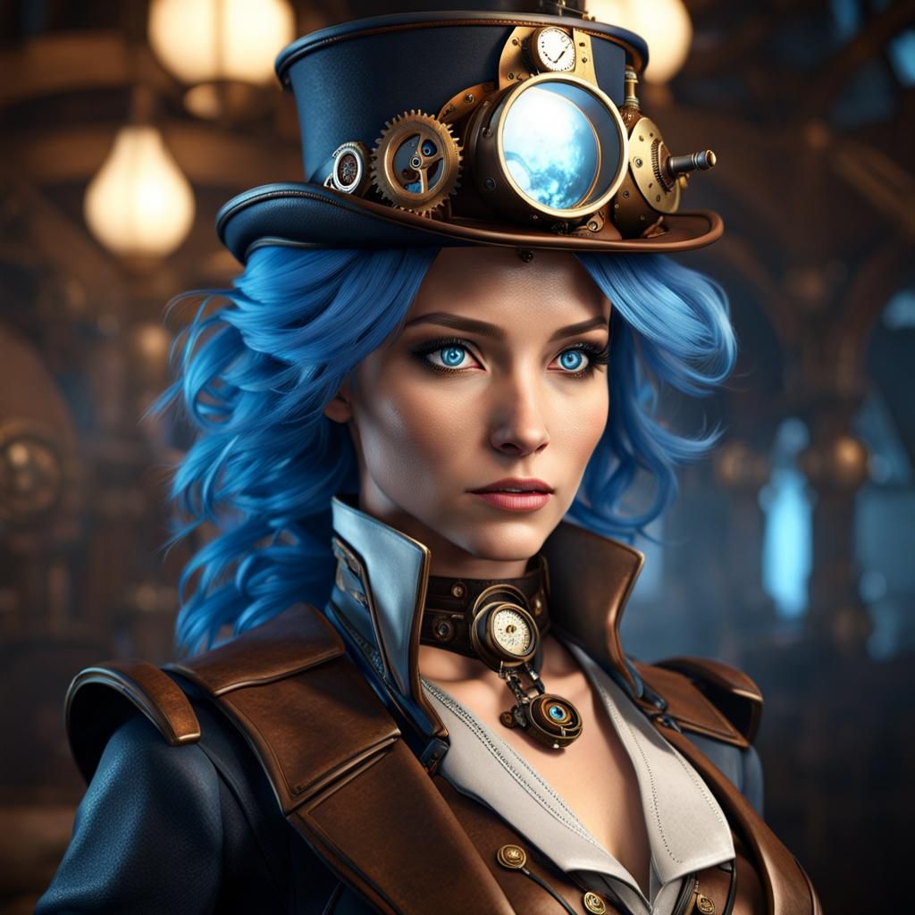 Steampunk Girl Portrait with Blue Hair in 8K