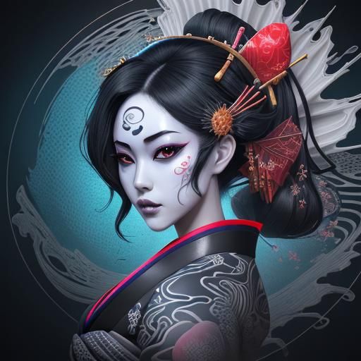 Intricate Dark Geisha in Abstract Vector Fractal Style