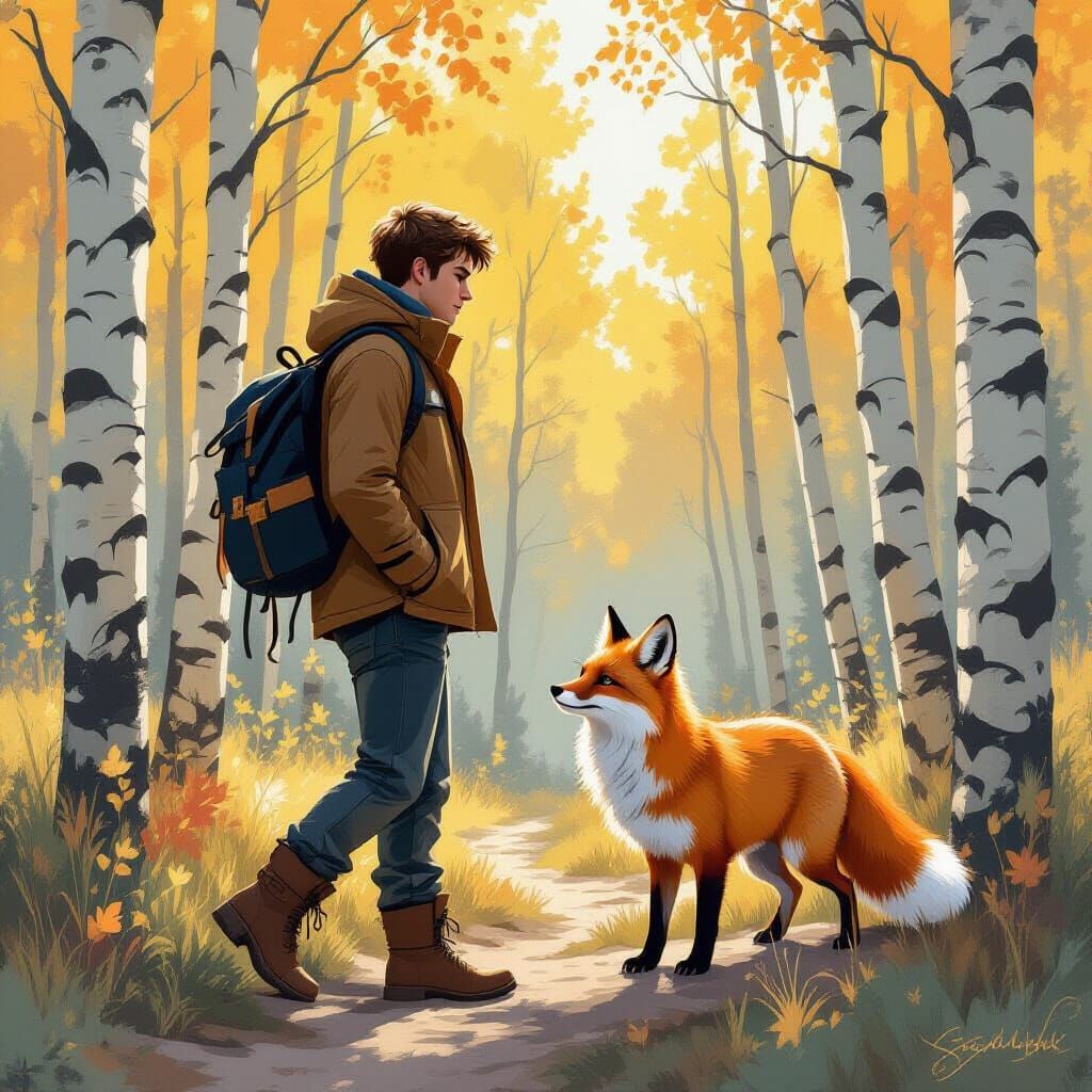 Man and Fox in Aspen Forest, Gurney Style