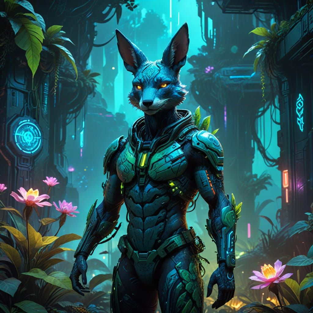 Cyberpunk Beast Fur Elementalist in Neon Jungle Ruins