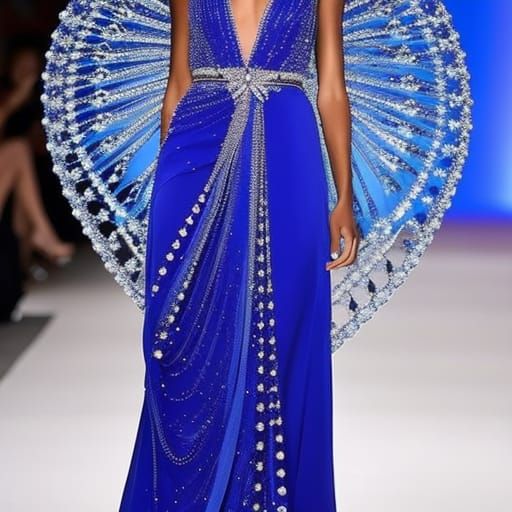 Ethereal cobalt blue met gala dress decorated with pearls and shimmery rhinestones& ethereal vibes& luxurious vibes& bea...