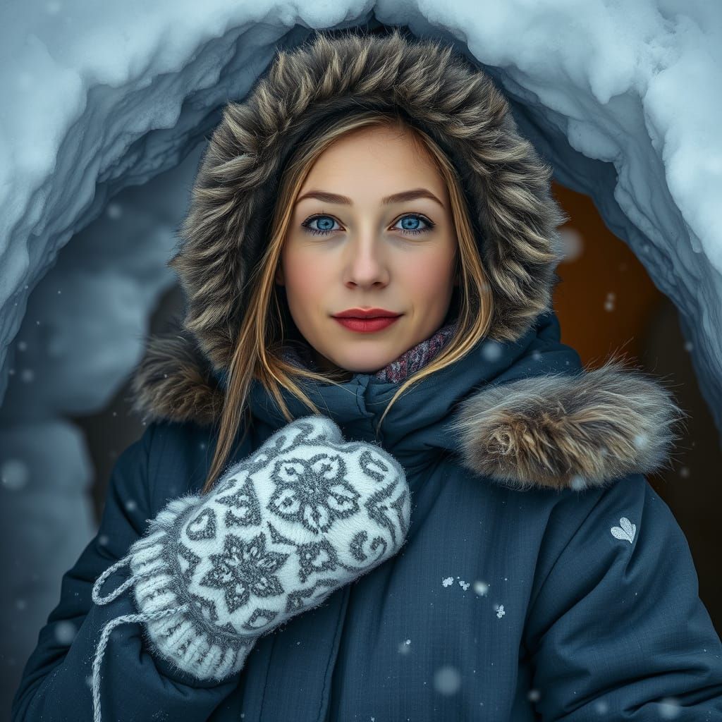 Eskimo Woman Beside Igloo in Icy Ambiance