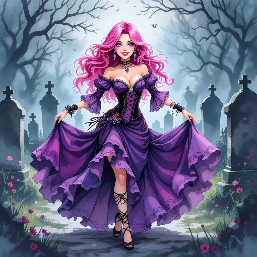 Pink-Haired Woman Dancing in Graveyard, Watercolor Style