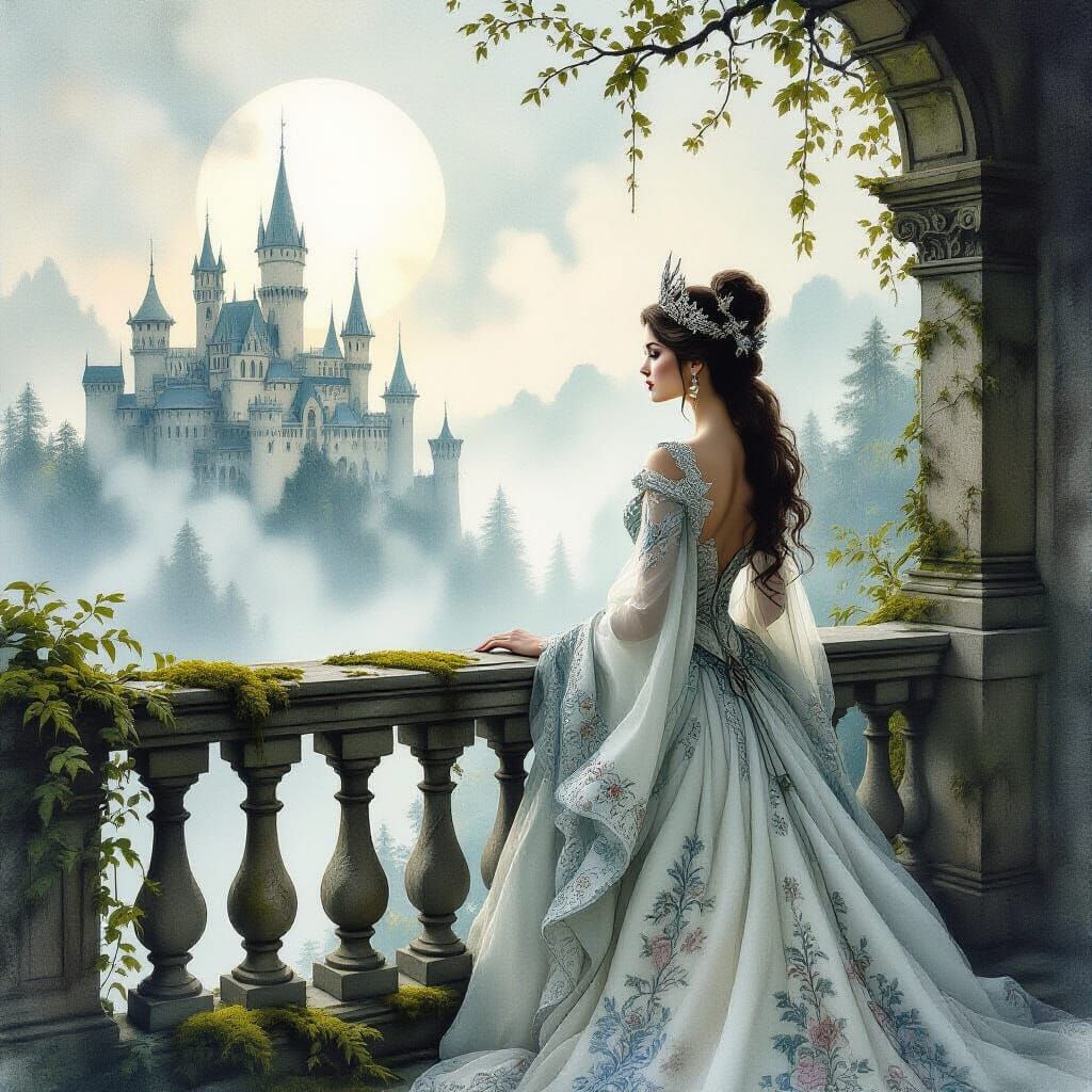 Queen on Balcony Overlooking Misty Forest