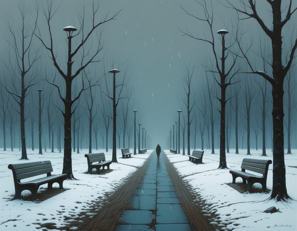 Desolate Winter Scene in a Snowy Urban Park