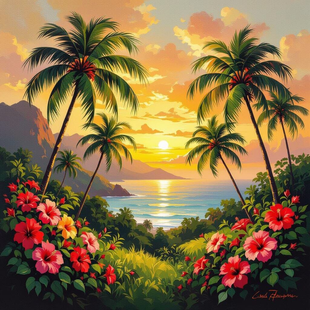Serene Hawaiian Sunset with Lush Palm Trees