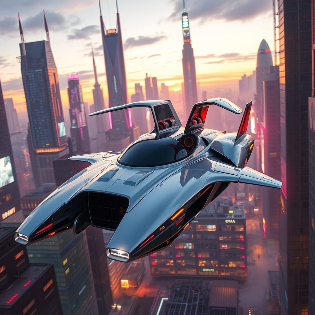 Sleek Futuristic Flying Car Soars Through Neon City