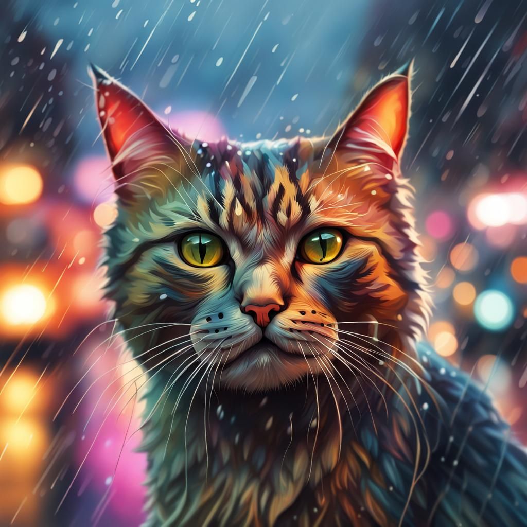 Sad Cat in Rainy City: Hyperrealistic Splash Art